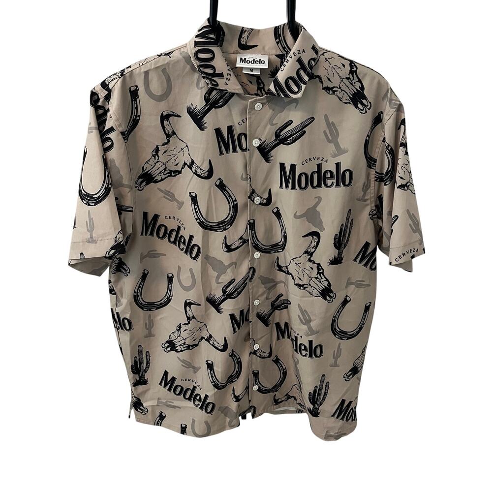 Modelo Especial Beer Men’s Shirt Medium All Over Print Western Cow Skull Cactus